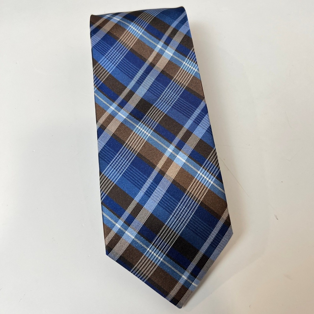 Pronto‎ Uomo Tie Men's 100% Silk Blue Brown Plaid Formal Business Necktie Work